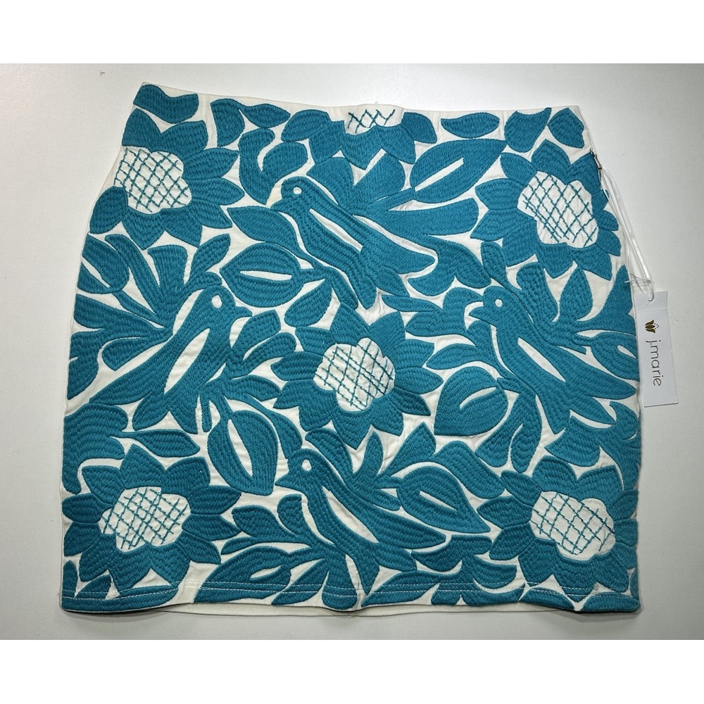 J Marie Blue White Embroidered‎ Birds Flowers Skirt Womens Medium